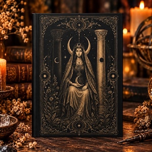 May include: A black hardcover book featuring a gold-toned illustration of a seated figure wearing a crescent moon headpiece between two pillars, surrounded by intricate floral patterns and celestial star motifs on the front cover.