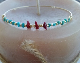 Turquoise and Red Coral Gold Memory Wire Bracelet