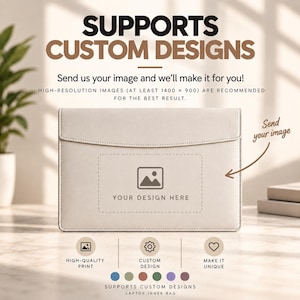 Peut inclure: Une housse d'ordinateur portable rectangulaire beige clair avec un rabat. Le centre présente un encadré avec une icône de montagne et le texte "YOUR DESIGN HERE". Le texte au-dessus indique "SUPPORTS CUSTOM DESIGNS" et "Send us your image".