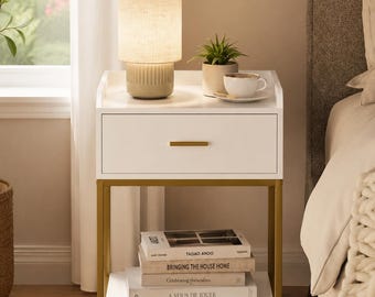 Modern White Nightstand with Drawers, Small Bedside Table