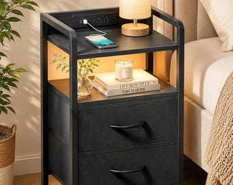 LED Nightstand with Charging Station, Modern Bedside Table