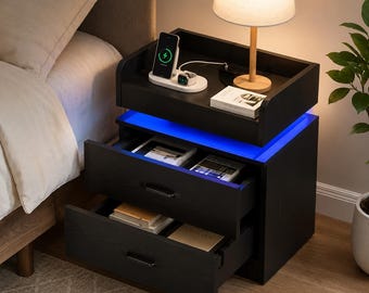 Black LED Nightstand with Charging Station and Drawers