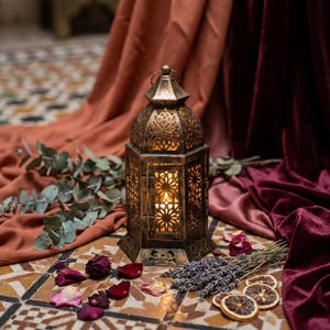 May include: A hexagonal metal lantern with a distressed antique gold finish and intricate laser-cut floral patterns on each panel. The lantern features a pointed top with a small ring handle and emits a warm glow from an internal light source.