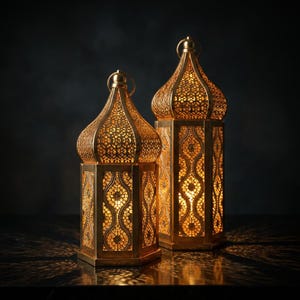 May include: Two gold-coloured metal lanterns with intricate cut-out patterns and a dome-shaped top. Each lantern features a hexagonal base and emits a warm, glowing light from within, casting detailed shadows on the surface below the objects.