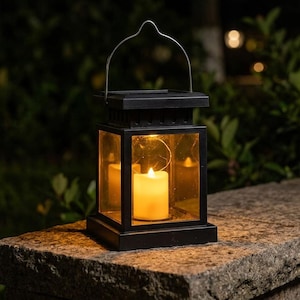 Peut inclure: Une lanterne carrée noire avec une poignée en métal et des panneaux en verre transparent. À l'intérieur, une bougie pilier à piles émet une lumière chaude et éclatante. Le dessus de la lanterne comporte un panneau solaire et une base solide.