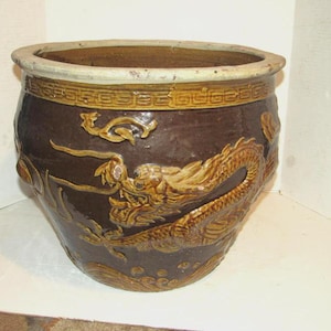 Large Vintage Brown Chinese Raised Dragon Planter Pot, Chinese Pottery Jardiniere, 19"x 16", Brown Glaze Chinese Pottery, Embossed Dragon,