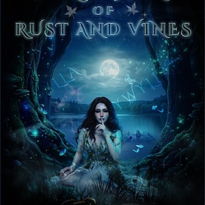 May include: A book cover titled Crown of Rust and Vines by J. R. Blackwood. The illustration features a person with dark hair sitting in a dark forest at night, with a full moon, glowing blue butterflies, and a lake in the background.
