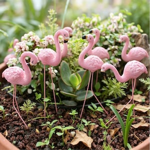 Mini trädgårdspinnar i harts, rosa flamingo, tropisk boho planteringslåda, suckulentkruka (set)