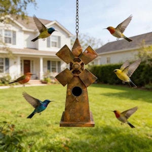 Könnte beinhalten: Ein kupferfarbenes Vogelhaus in Form einer Windmühle mit einem zentralen runden Eingangsloch und vier kantigen Flügeln, das an einer Metallkette hängt und von fünf bunten Kolibris im Flug vor einem verschwommenen Hintergrund umgeben ist.