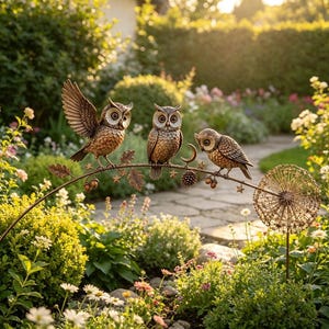 May include: A decorative garden stake featuring three bronze-toned owl figures perched on a curved metal branch. The branch is adorned with small metal stars, acorns, and a pinecone, ending in a large, circular, wire-frame dandelion seed head.