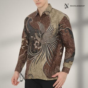 Herrskjorta i olivgrön batik, långärmad, kortärmad, bomullsfoder, indonesiskt arv