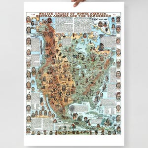 May include: A detailed educational wall map titled Native Tribes of North America, Central America and the Caribbean. The map features illustrations of indigenous people, wildlife, and geographical landmarks across the continent with text blocks.