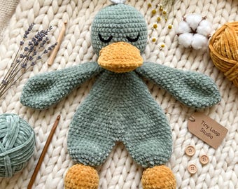 Crochet Duck Comforter Pattern, Amigurumi Baby Lovey Plush Toy, Kawaii Nursery Shower Gift, Sage Handmade Snuggle Doll, PDF Instant Download