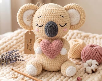 Amigurumi Koala Pattern, Crochet Velvet Plush Stuffed Toy Holding Heart, Kawaii Australian Animal, Nursery Baby Shower, PDF Instant Download