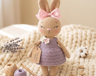 Amigurumi Bunny Pattern, Crochet Rabbit Doll Cotton Yarn Dress, Embroidered Face Kawaii Cheeks, Handmade Nursery Gift, PDF Instant Download