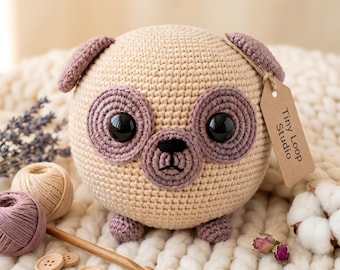 Crochet Pug Pattern, Amigurumi Mini Mops Cotton Stuffed Toy Keychain, Kawaii Puppy Pet Gift, Slow Stitch Desk Friend, PDF Instant Download