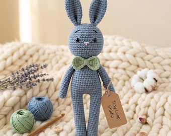 Crochet Bunny Pattern, Amigurumi Cotton Yarn Slim Rabbit Bow Tie Plush, Long Legs Jointed Arms Tutorial, Nursery Gift, PDF Instant Download