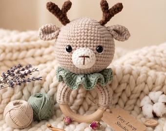 Amigurumi Deer Rattle Pattern, Crochet Baby Sensory Toy Wooden Ring, Woodland Nursery Shower Gift, Handmade Tutorial, PDF Instant Download