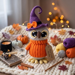 Crochet Owl Pattern, Amigurumi Halloween Witch Hat Plush Toy, Orange Sweater Cowl Collar, Fall Woodland Nursery Decor, PDF Instant Download
