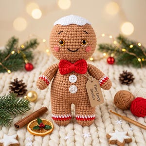 Peut inclure: Une poupée en pain d'épice crochetée marron avec un glaçage blanc sur la tête, un nœud papillon rouge, deux boutons blancs et des poignets rayés rouge et blanc. Une étiquette en papier marron porte l'inscription Tiny Loop Studio.