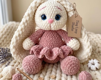 Amigurumi Rabbit Pattern, Crochet Bunny Floppy Ear Plush Ruffled Skirt, Seamless Body Eyelashes, Kawaii Nursery Gift, PDF Instant Download