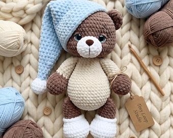 Crochet Teddy Bear Pattern, Amigurumi Plush Toy, Needle Sculpted Face Slippers Pompom Hat, Two Versions, Nursery Gift, PDF Instant Download