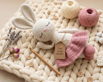 Crochet Bunny Pattern, Amigurumi Ruffled Skirt Plush Toy, Flower Headband Sleepy Embroidered Face, Nursery Decor Gift, PDF Instant Download