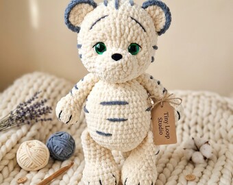 Crochet White Tiger Amigurumi Pattern, Plush Safari Animal Stuffed Toy, Embroidered Stripe Snow Cub, Nursery Baby Gift, PDF Instant Download