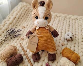 Crochet Horse Pattern, Amigurumi Pony Plush Toy, Two Tone Hooves Nose Bridge Button Overalls, Farm Nursery Decor Gift, PDF Instant Download
