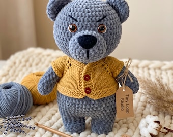 Amigurumi Little Bear Pattern, Crochet Plush Teddy With Knit Shirt, Seamless Stuffed Toy Tutorial, Cottagecore Nursery, PDF Instant Download