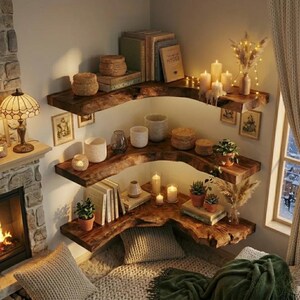 Puede incluir: Tres estantes de esquina de tres niveles hechos de madera natural con bordes irregulares, montados en una pared. Los estantes contienen varios artículos, incluyendo libros, cestas tejidas, plantas en macetas, velas y jarrones decorativos.