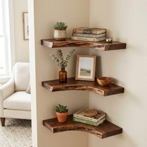 May include: Three dark brown wooden corner shelves with live edges mounted on a wall. The top shelf holds a succulent and books. The middle shelf features a glass vase with greenery, a framed photo, and a bowl. The bottom shelf holds a succulent and books.