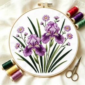 Hand Embroidery Kit with Iris Pattern, DIY Needlework Set, Floral Wall Hanging Craft Gift