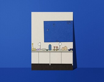 Blue interior design poster - matte paper - Studio Loute | Poster of sideboard and ceramics, Minimalist living room illustration, Wall decor