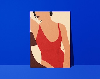Red Swimsuit Woman Poster, Minimalist Summer Illustration, Boho Living Room Wall Decor, Retro Chic Riviera Poster, Studio Loute