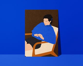 Vintage Cobalt Blue Poster, Illustration of a Woman in an Armchair, Retro Modern Living Room Decor, Terracotta and Blue Poster, Studio Loute