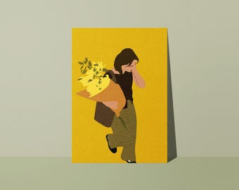 Yellow Flower Woman Poster, Mimosa Bouquet Illustration, Boho Living Room Decor, Retro Chic Market Poster, Studio Loute