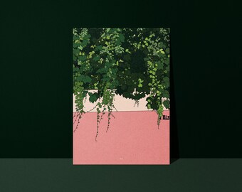 Ivy and Pink Facade Poster - Matte Paper - Studio Loute | Modern Urban Botanical Poster, Green Leaf Illustration, Living Room Wall Decor