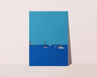 Minimalist sea and boats poster - matte paper - Studio Loute | Blue sailboat design poster, Seascape illustration, Living room wall decor