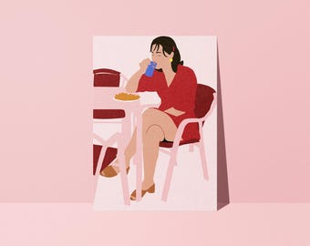 Parisian Café Poster, Illustration of a Woman on a Terrace, Modern Kitchen Decor, Retro Chic Pop Poster, Studio Loute