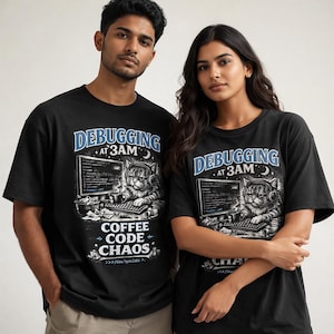 Puede incluir: Una camiseta negra de manga corta con un estampado gráfico de un gato con auriculares frente a un ordenador. El texto dice "DEBUGGING AT 3AM" y "COFFEE CODE CHAOS" con una pequeña línea "/dev/synclats" en tinta blanca y azul.