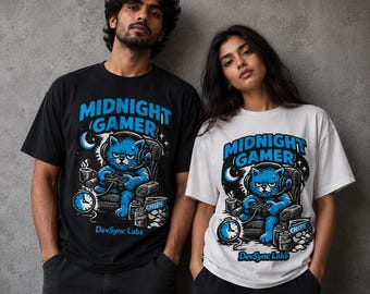 Midnight Gamer T-Shirt, Gaming Cat Tee, Night Owl Gaming, Retro Video Game Design