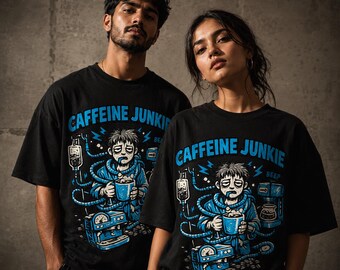 Caffeine Junkie Graphic Tee, Woodcut Style Coffee Lover Shirt, Programmer Gift