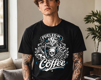 Fueled By Coffee Skull Graphic Tee, Vintage Caffeine Lover Shirt