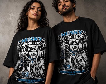 Husky Camping Buddy T-Shirt Tee | Siberian Husky Adventure Dog