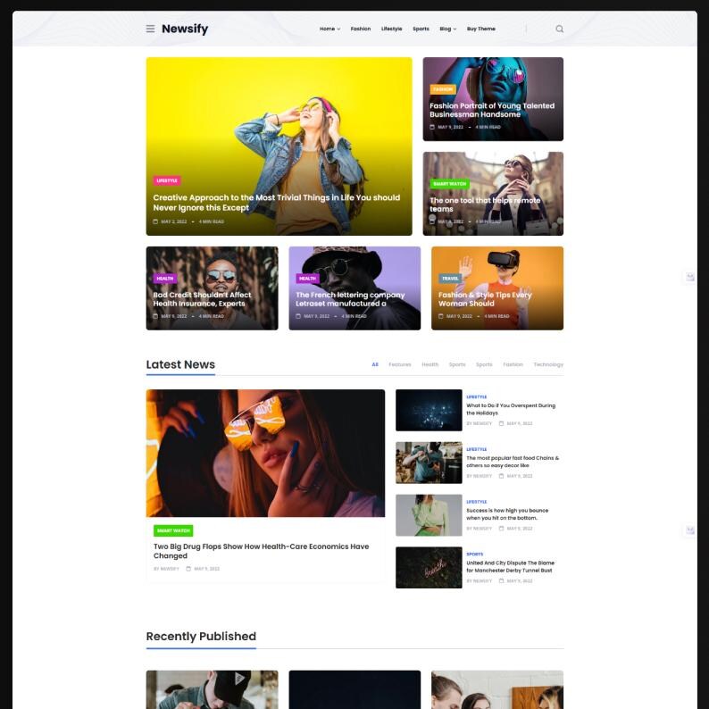 Puede incluir: Una interfaz de sitio web de noticias titulada Newsify que presenta un dise&ntilde;o de cuadr&iacute;cula con varias miniaturas de art&iacute;culos, titulares, etiquetas de categor&iacute;a y fechas. El dise&ntilde;o incluye un men&uacute; de navegaci&oacute;n y secciones de noticias recientes.