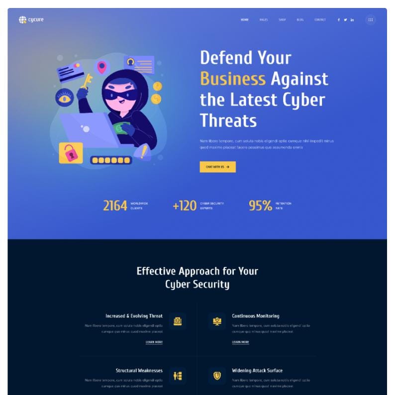 May include: A website landing page for Cycure featuring a blue gradient background, a cartoon hacker illustration with a laptop, and the text Defend Your Business Against the Latest Cyber Threats. It includes statistics and sections on cyber security.