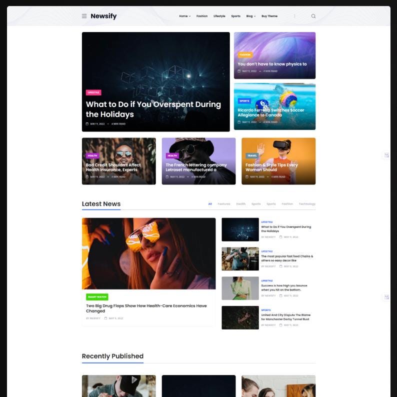 Puede incluir: Un dise&ntilde;o de sitio web de noticias titulado Newsify que presenta un men&uacute; de navegaci&oacute;n, una secci&oacute;n principal con varias tarjetas de art&iacute;culos, una secci&oacute;n de &uacute;ltimas noticias con una imagen grande y una secci&oacute;n de publicaciones recientes.
