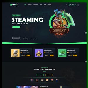 Op de afbeelding: Een donker vormgegeven website-interface voor MYKD live gaming met een hero-sectie met een digitale karakterillustratie, de tekst STEAMING VIDEO GAMES ONLINE en een DEFEAT-banner. Daaronder staan drie NFT-aanbiedingen en top streamers.