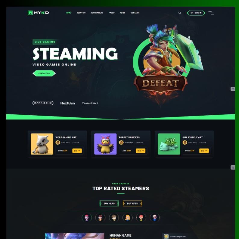 Op de afbeelding: Een donker vormgegeven website-interface voor MYKD live gaming met een hero-sectie met een digitale karakterillustratie, de tekst STEAMING VIDEO GAMES ONLINE en een DEFEAT-banner. Daaronder staan drie NFT-aanbiedingen en top streamers.